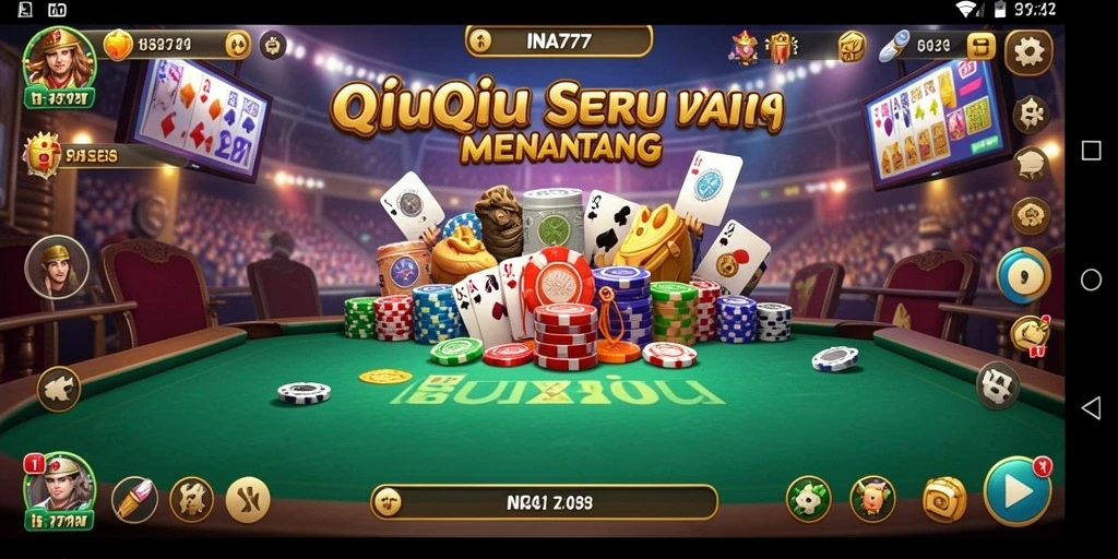 Screenshot gameplay QiuQiu yang menampilkan kartu dan meja permainan.