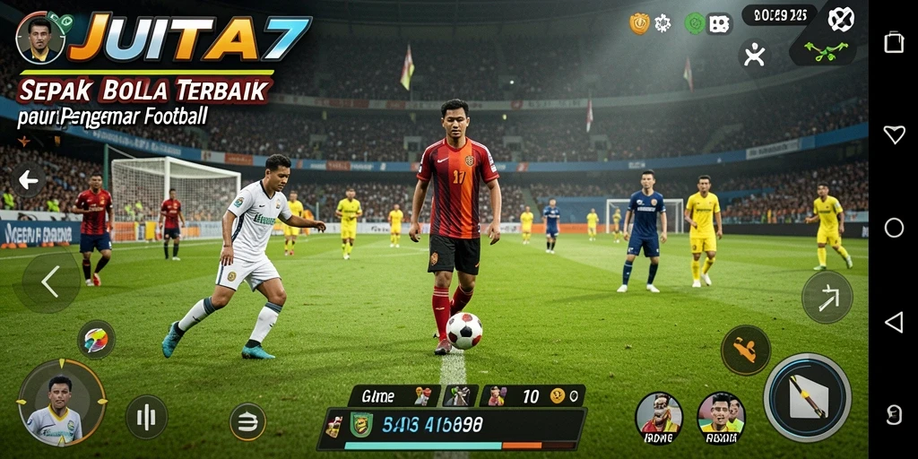Screenshot JUTA7 menunjukkan aksi seru di lapangan sepak bola.