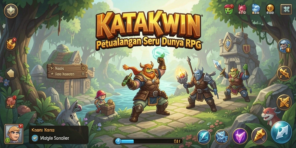 Tangkapan layar utama KATAKWIN menampilkan aksi pertarungan RPG yang seru.